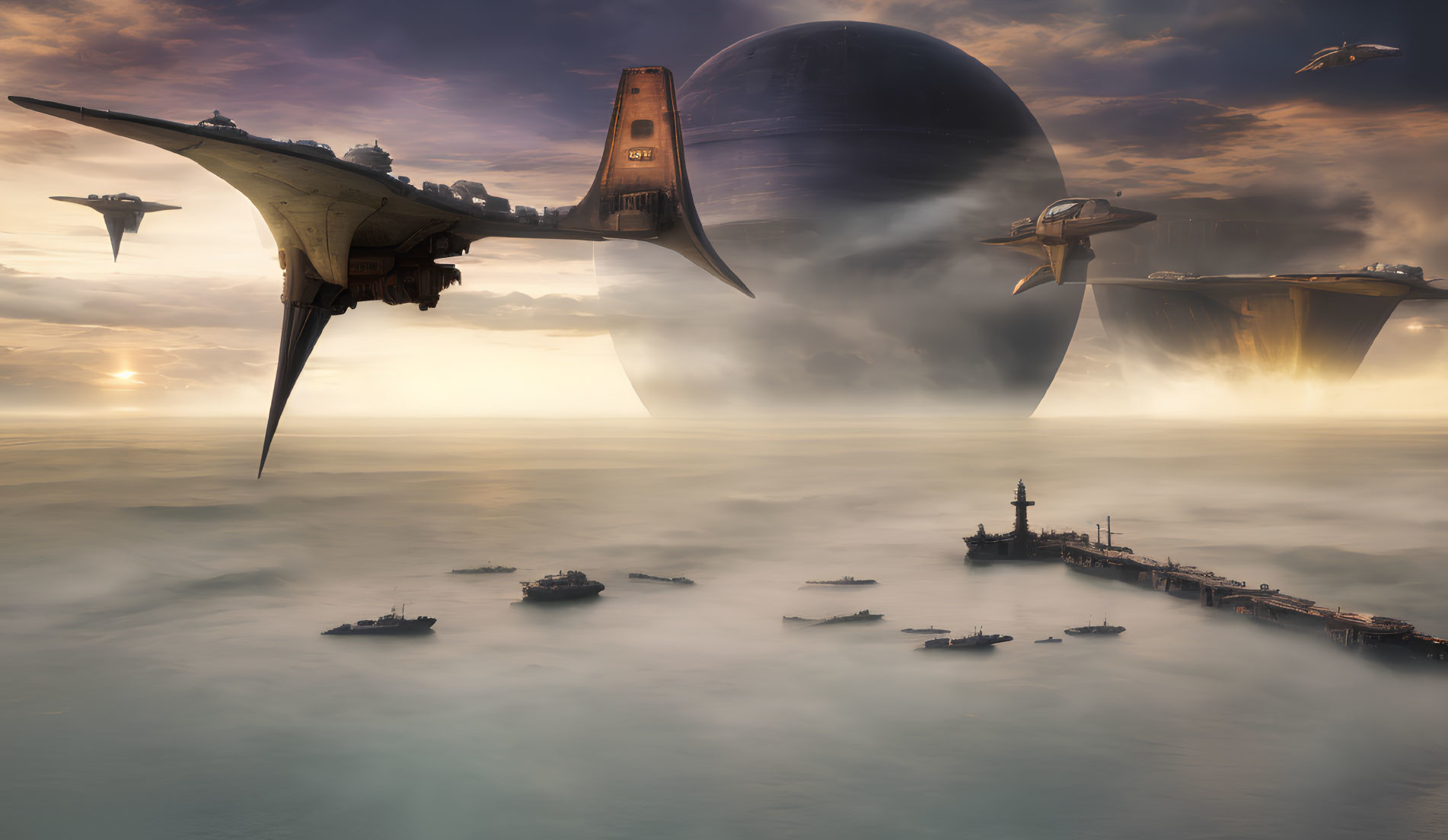 Futuristic fleet with large spaceship near docking station above cloud-covered seas