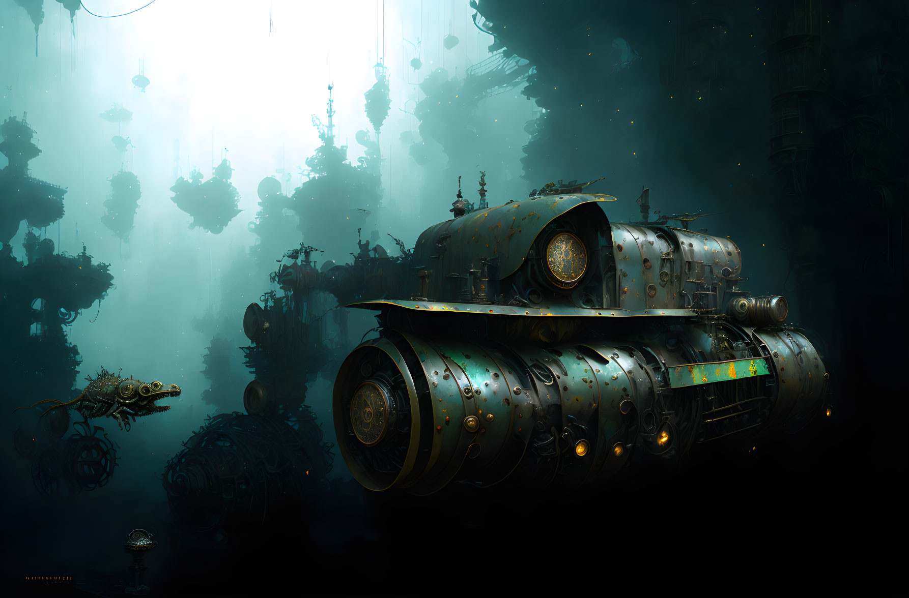 Futuristic submarine surrounded by aquatic machines in eerie underwater scene