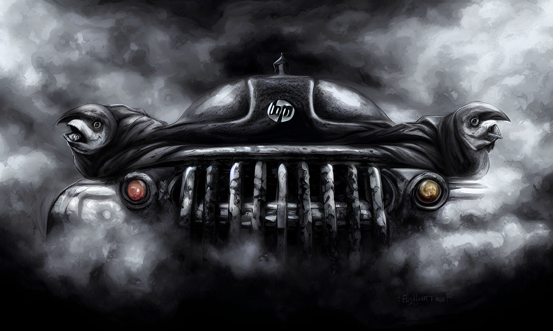 Digital image of car with menacing face front grill and eagle heads on stormy backdrop