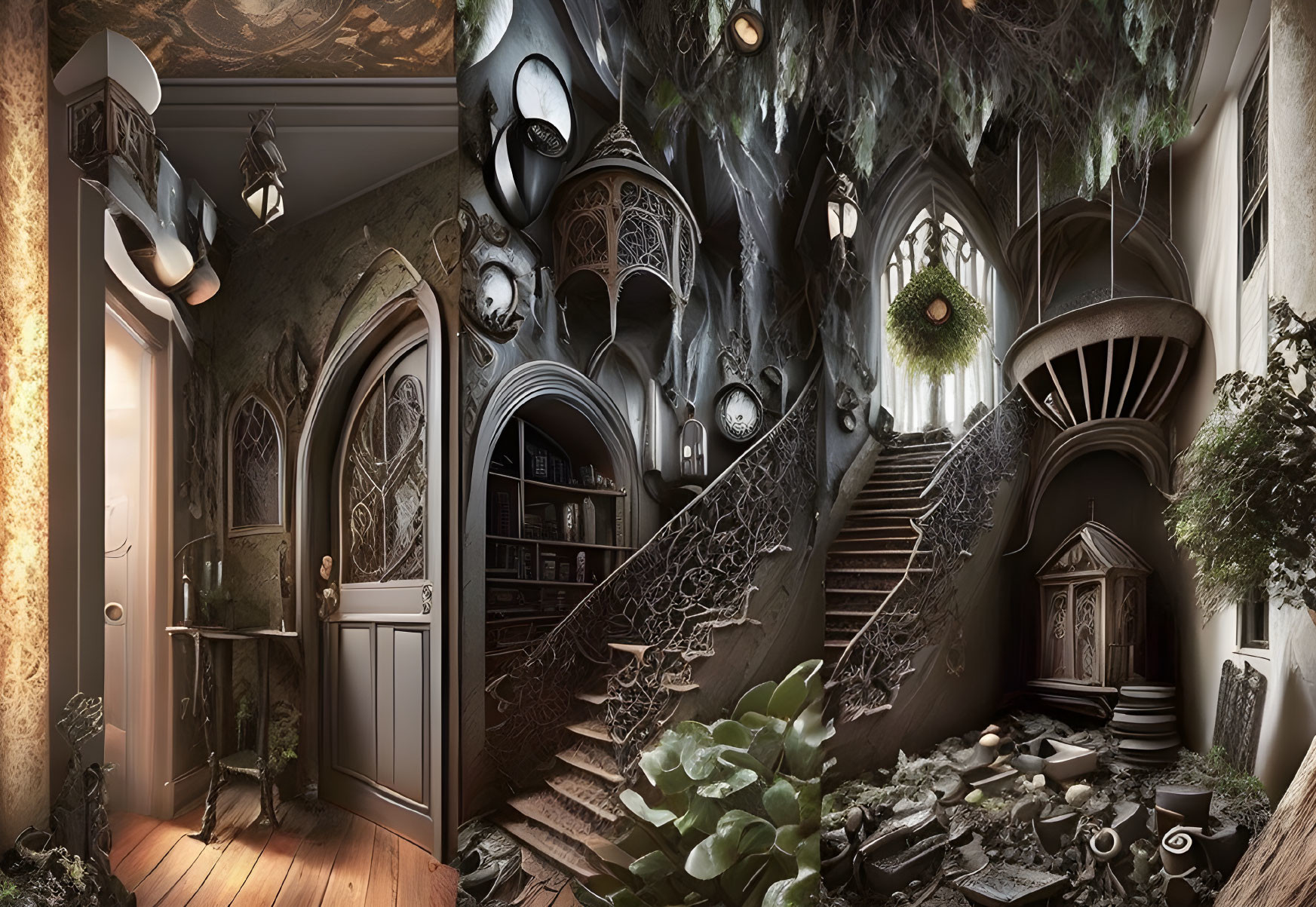 Gothic interior with grand staircase, arches, greenery, clocks, artifacts