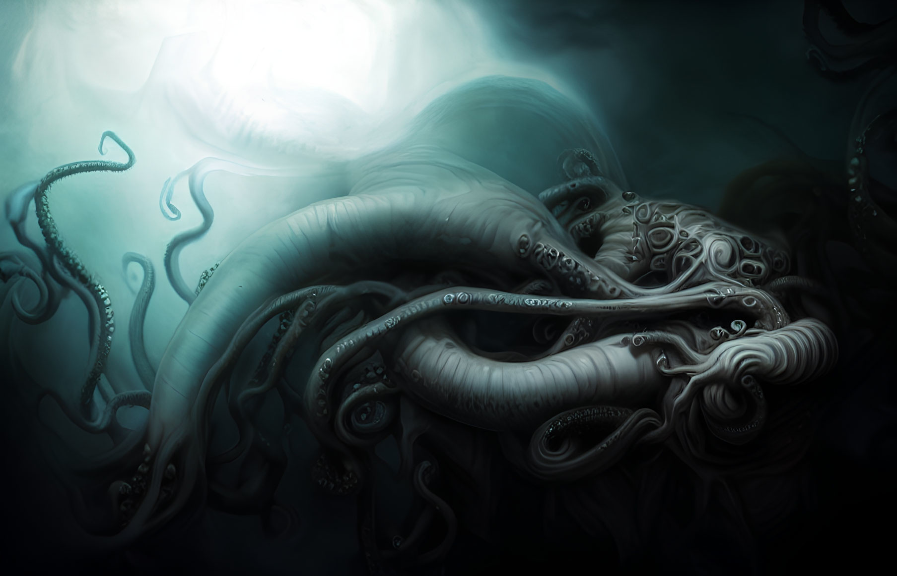 Intricately detailed octopus-like creature in dark underwater scene