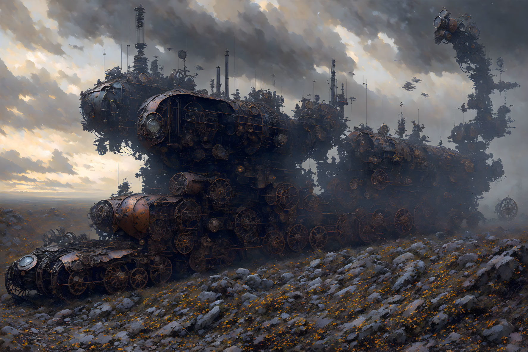 Post-apocalyptic landscape with giant, decaying train-like machines and yellow flowers under a gloomy sky