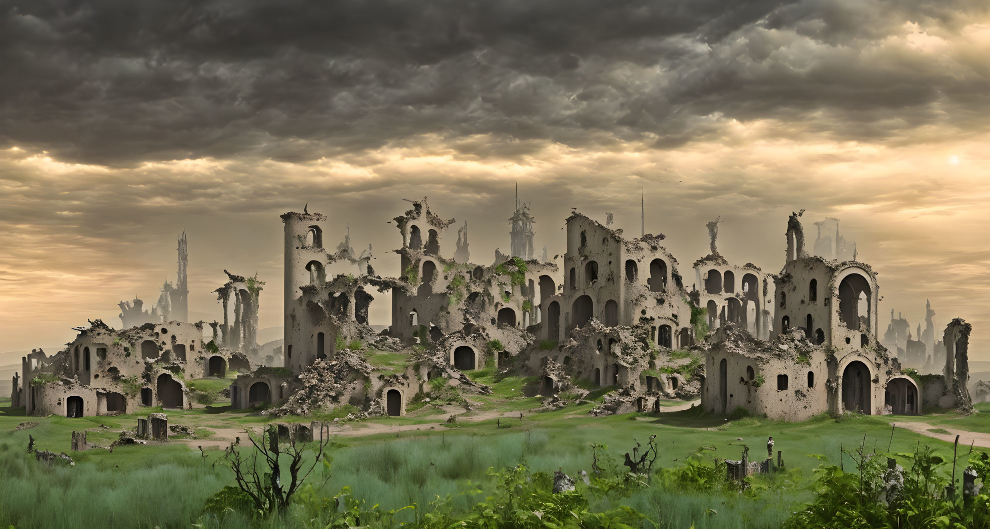 Desolate landscape with ruins under dramatic sky at dusk or dawn