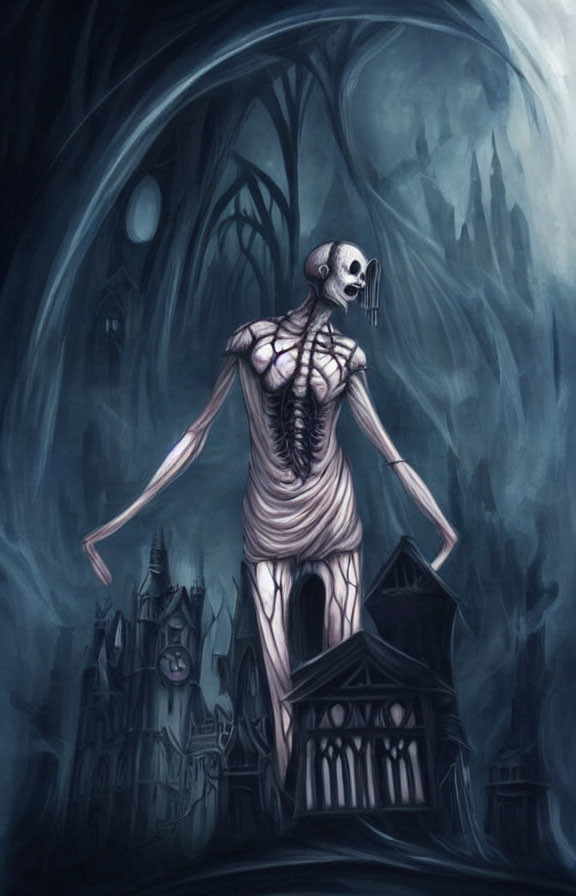 Skeletal figure with exposed muscle in haunting pose with gothic castle and full moon