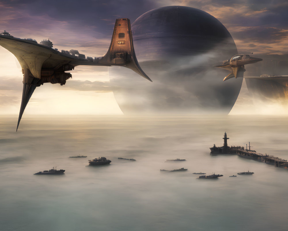 Futuristic fleet with large spaceship near docking station above cloud-covered seas