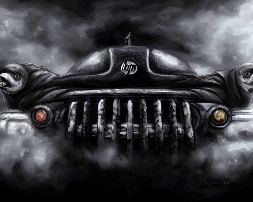 Digital image of car with menacing face front grill and eagle heads on stormy backdrop