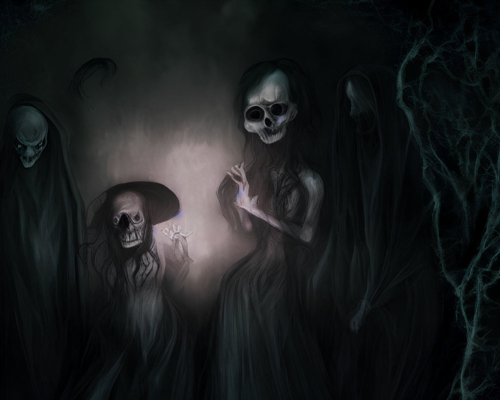 Dark, eerie scene with ghostly figures in robes and skeletal faces in misty backdrop.