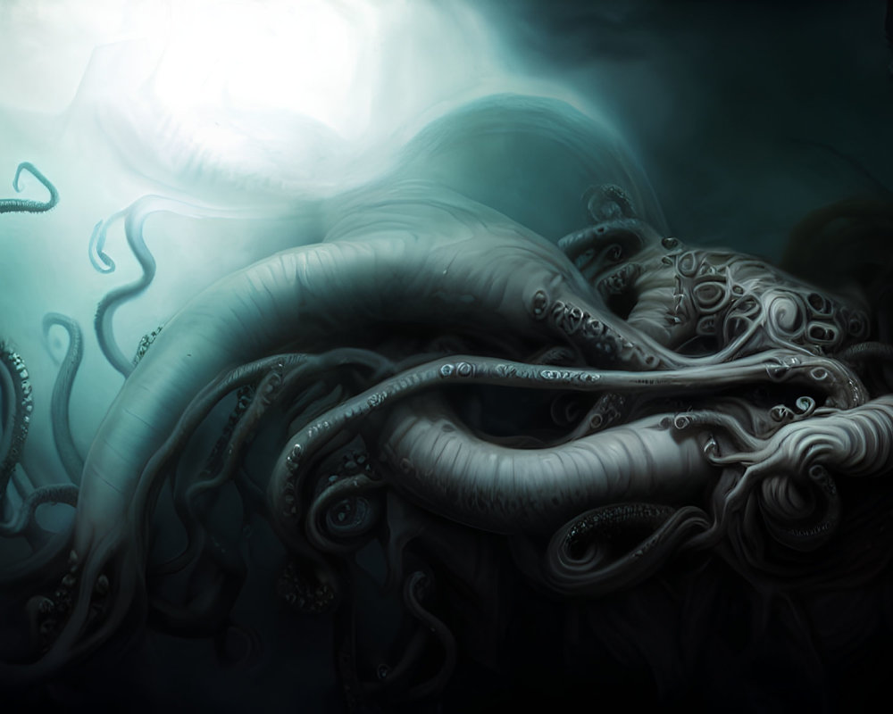 Intricately detailed octopus-like creature in dark underwater scene