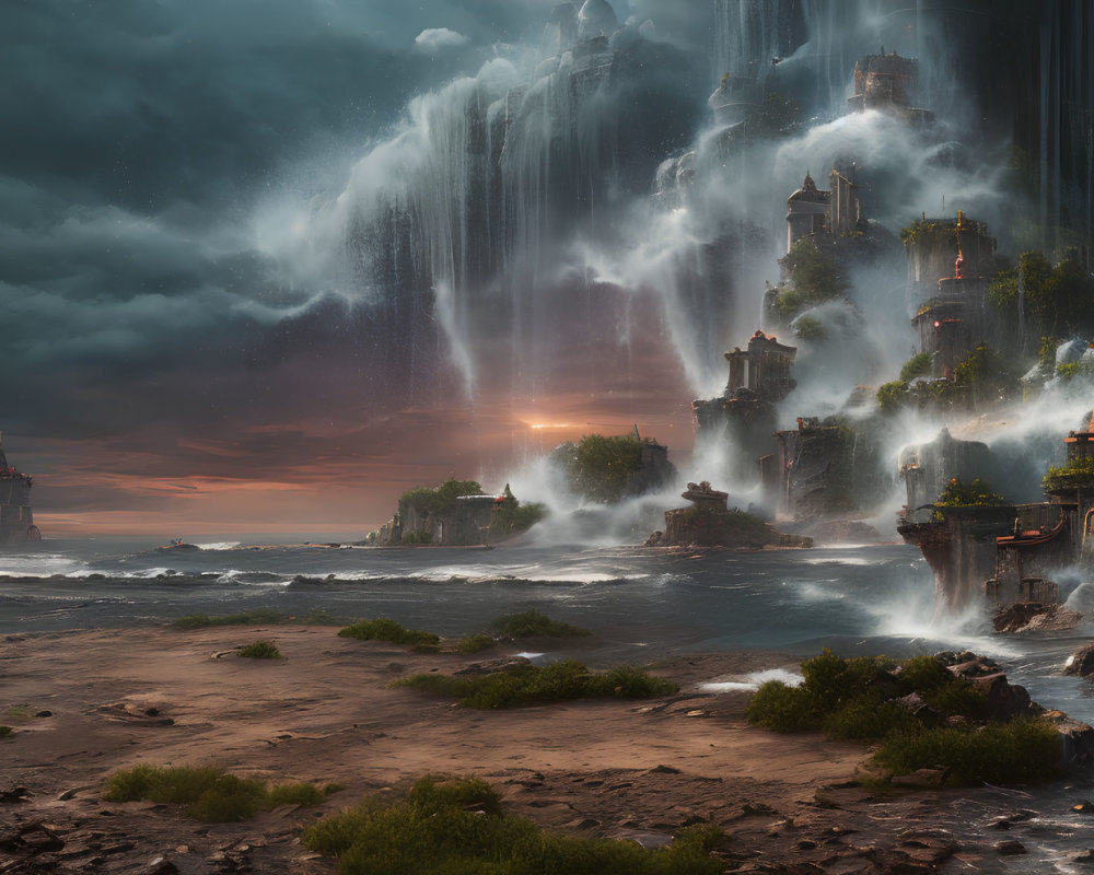 Majestic fantasy landscape with towering waterfalls and ancient buildings