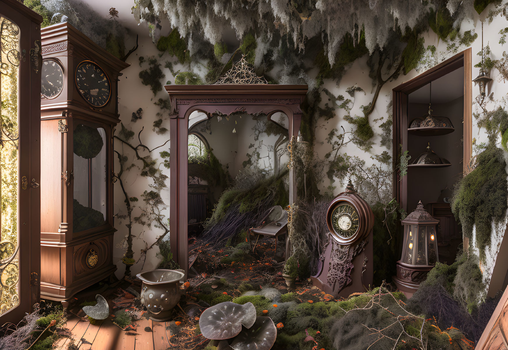 Vintage room with clocks, mirror, cobwebs, and moss - mystical ambiance