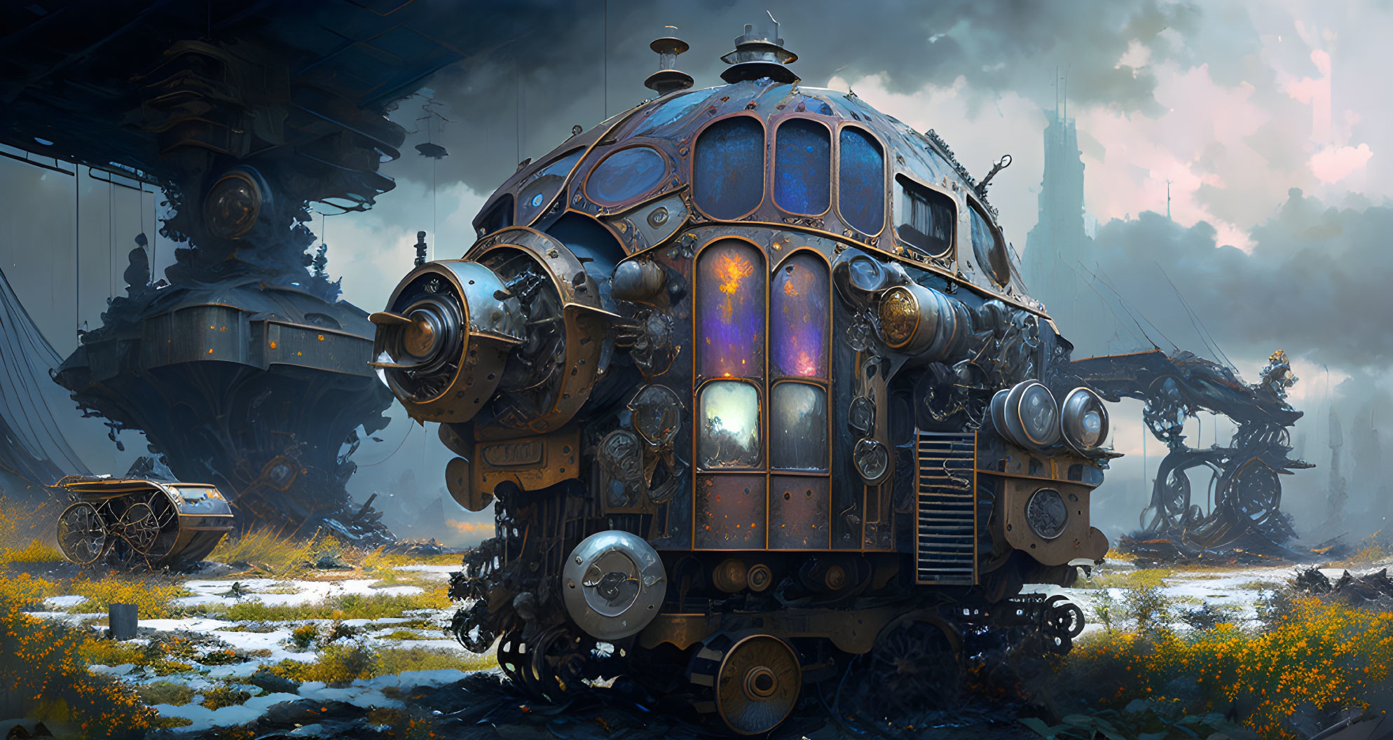 Detailed Steampunk Style Illustration of Spherical Riveted Vehicle in Futuristic Setting
