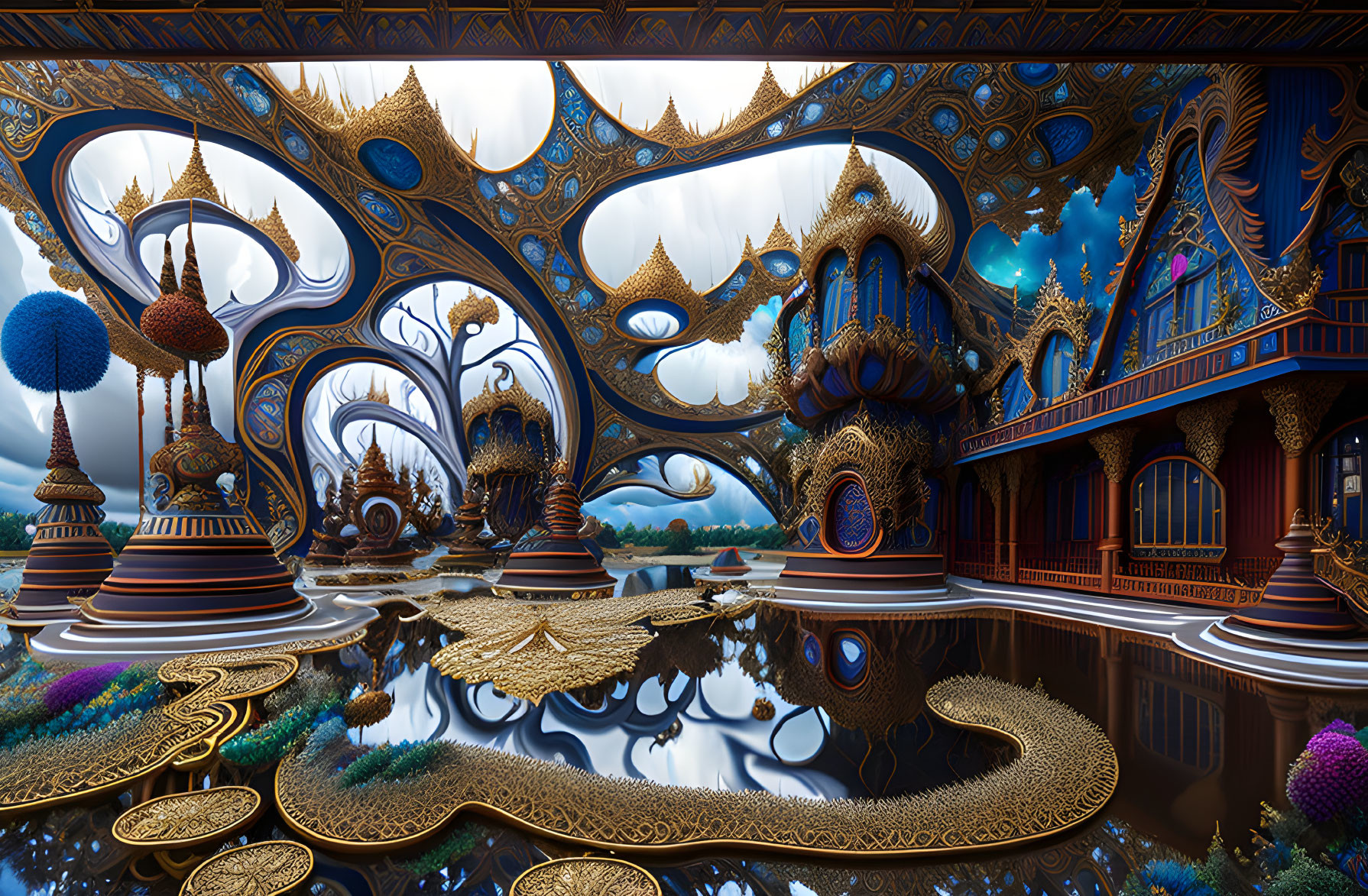 Ornate Gold and Blue Palace with Swirling Designs