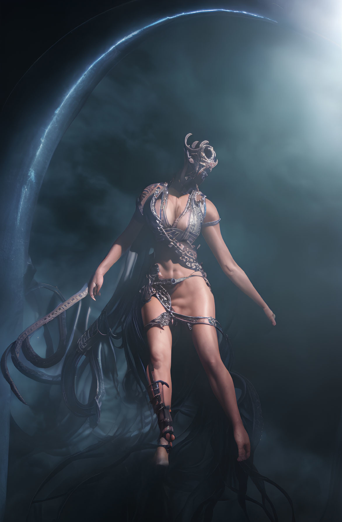 Mystical female figure in horned mask and dark fantasy costume with swirling mist and tentacle-like
