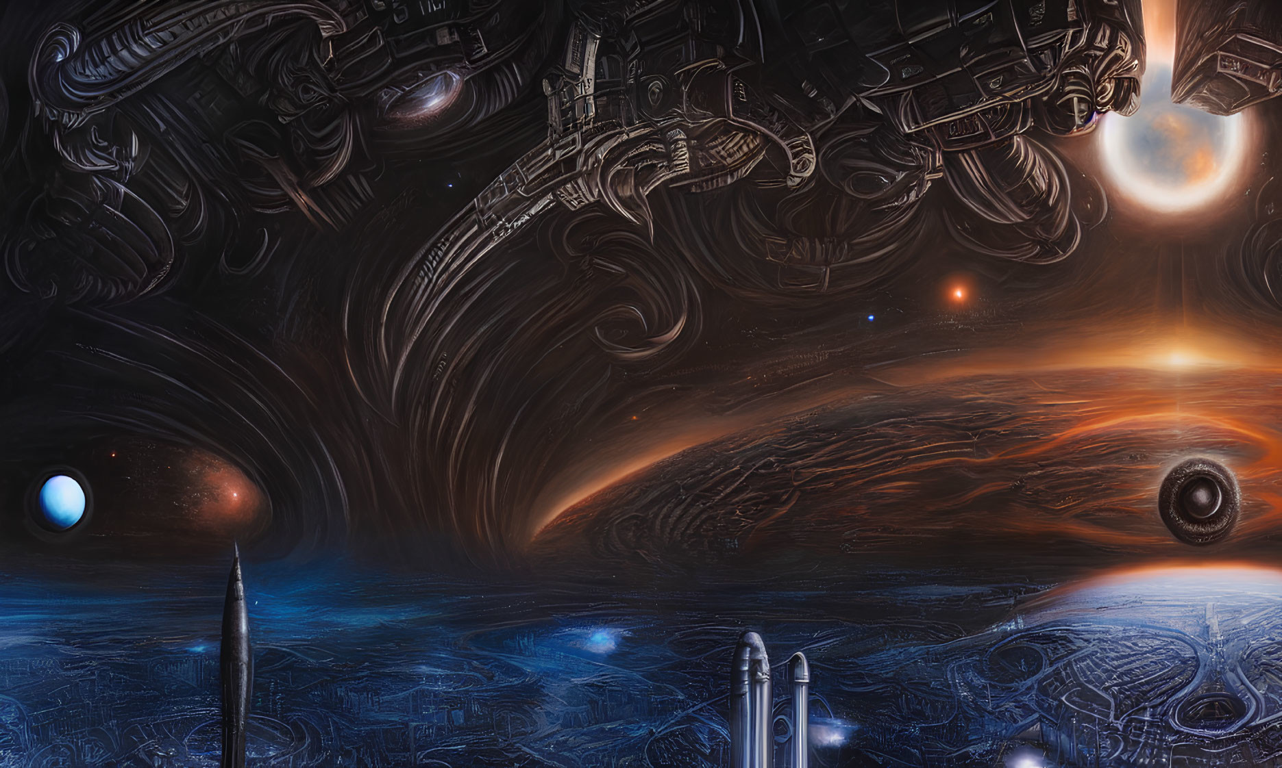 Futuristic sci-fi landscape with cosmic phenomena, planets, star, and structures
