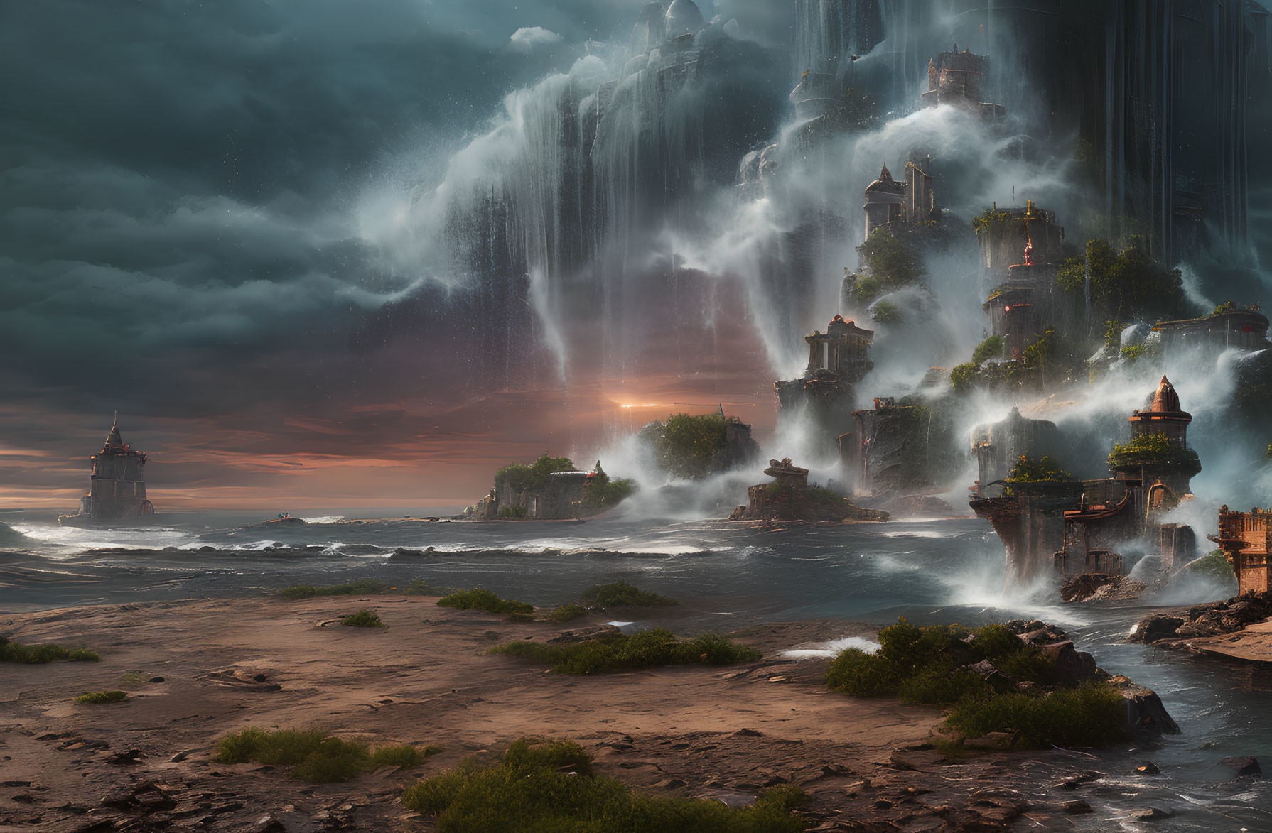 Majestic fantasy landscape with towering waterfalls and ancient buildings