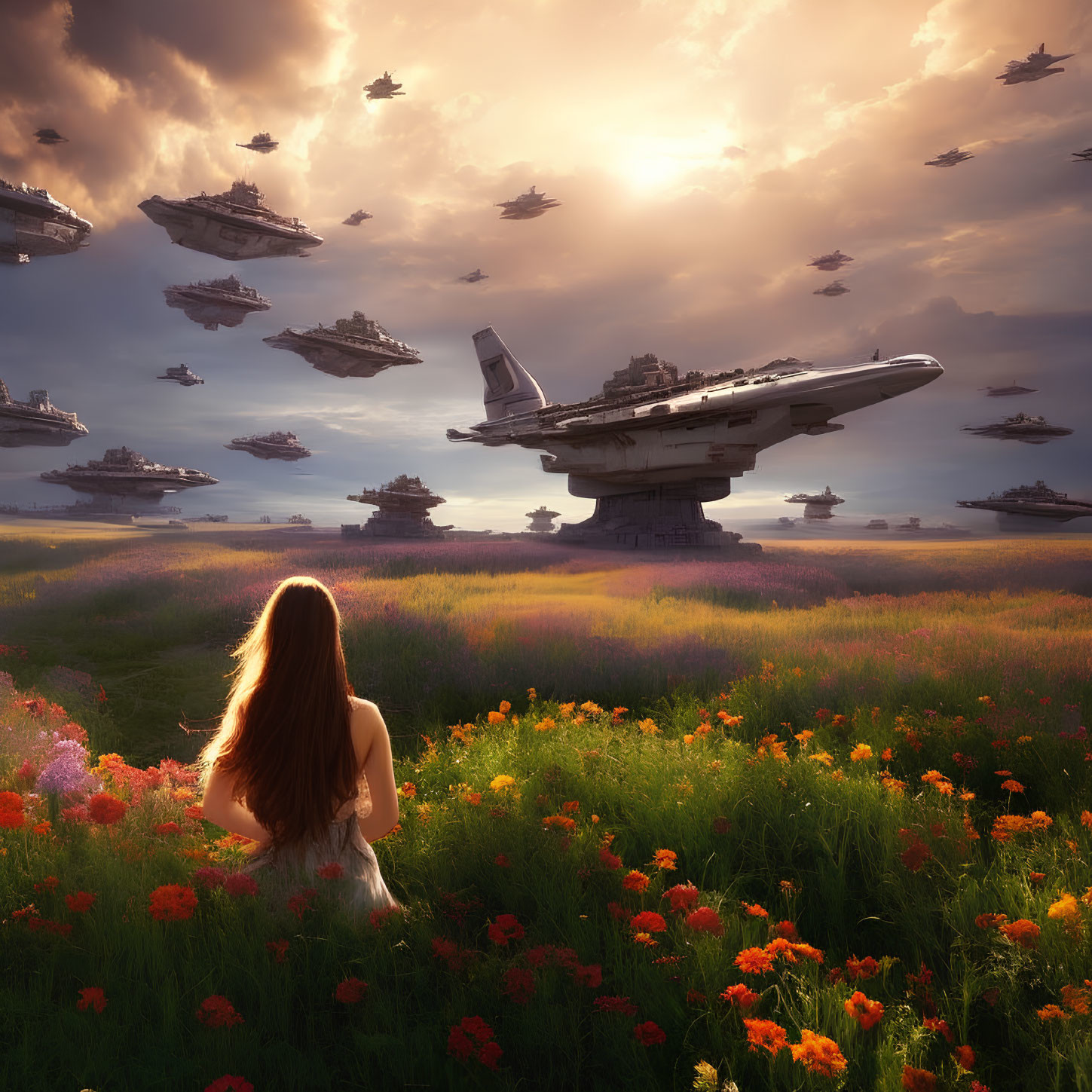 Woman admires wildflowers and starships in serene landscape