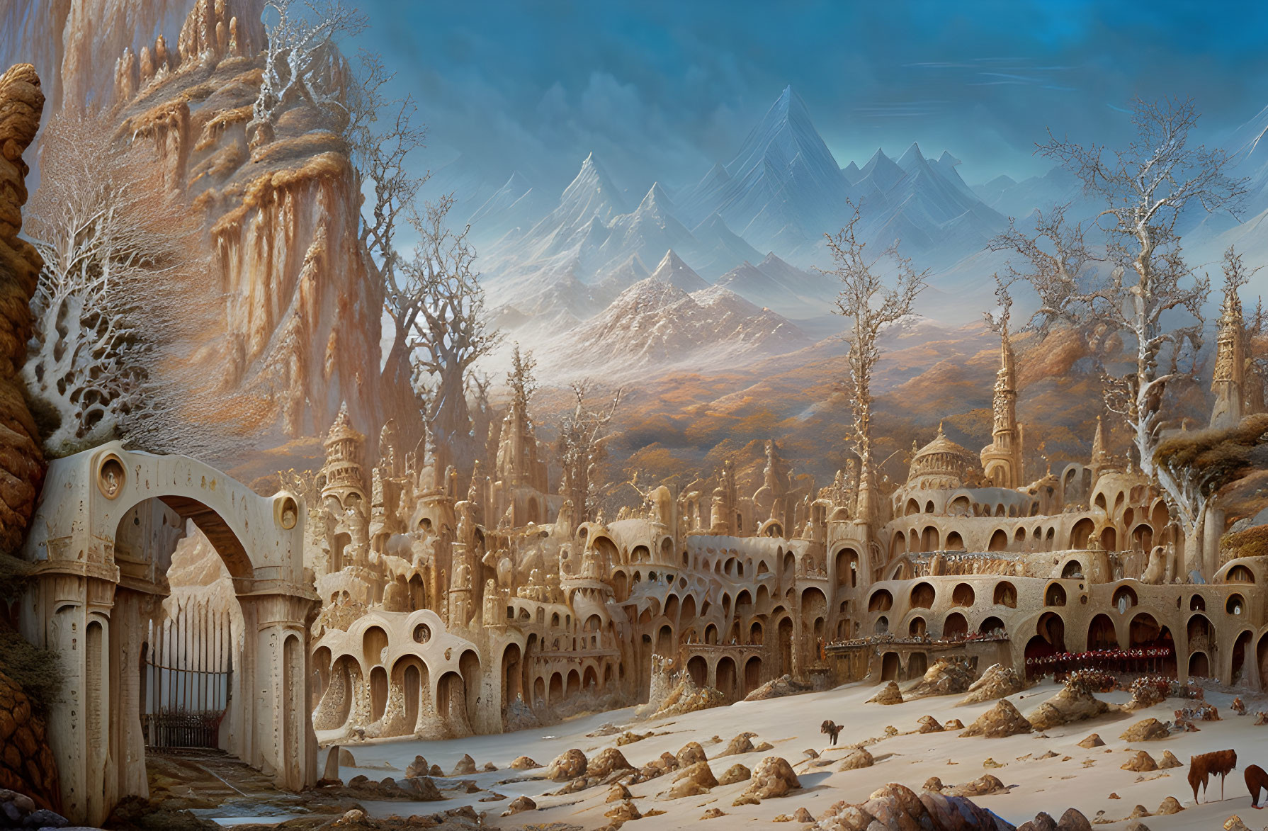 Fantastical sandstone-like structures in snowy mountain landscape