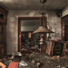 Vintage room with clocks, mirror, cobwebs, and moss - mystical ambiance