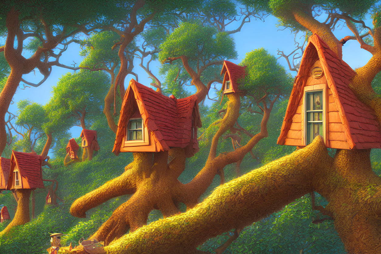 Charming red-roofed treehouses in a sunlit forest with a serene fairytale character