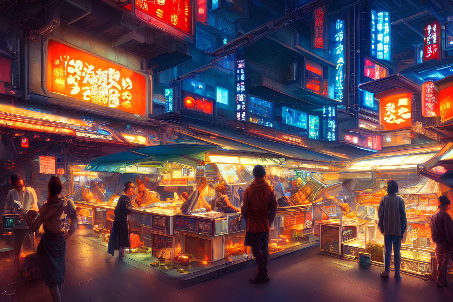 Colorful night market with neon signs and bustling stalls