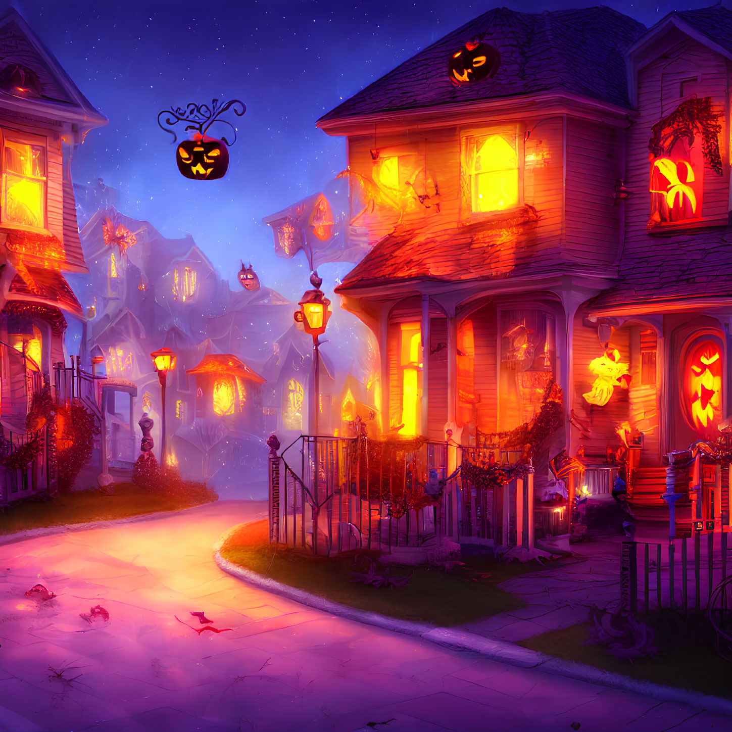 Spooky Halloween street scene with decorated houses and floating jack-o'-lanterns