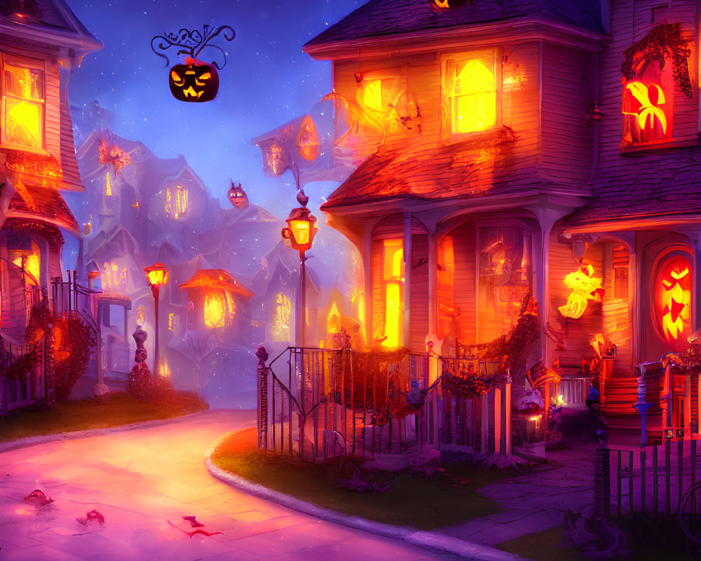 Spooky Halloween street scene with decorated houses and floating jack-o'-lanterns
