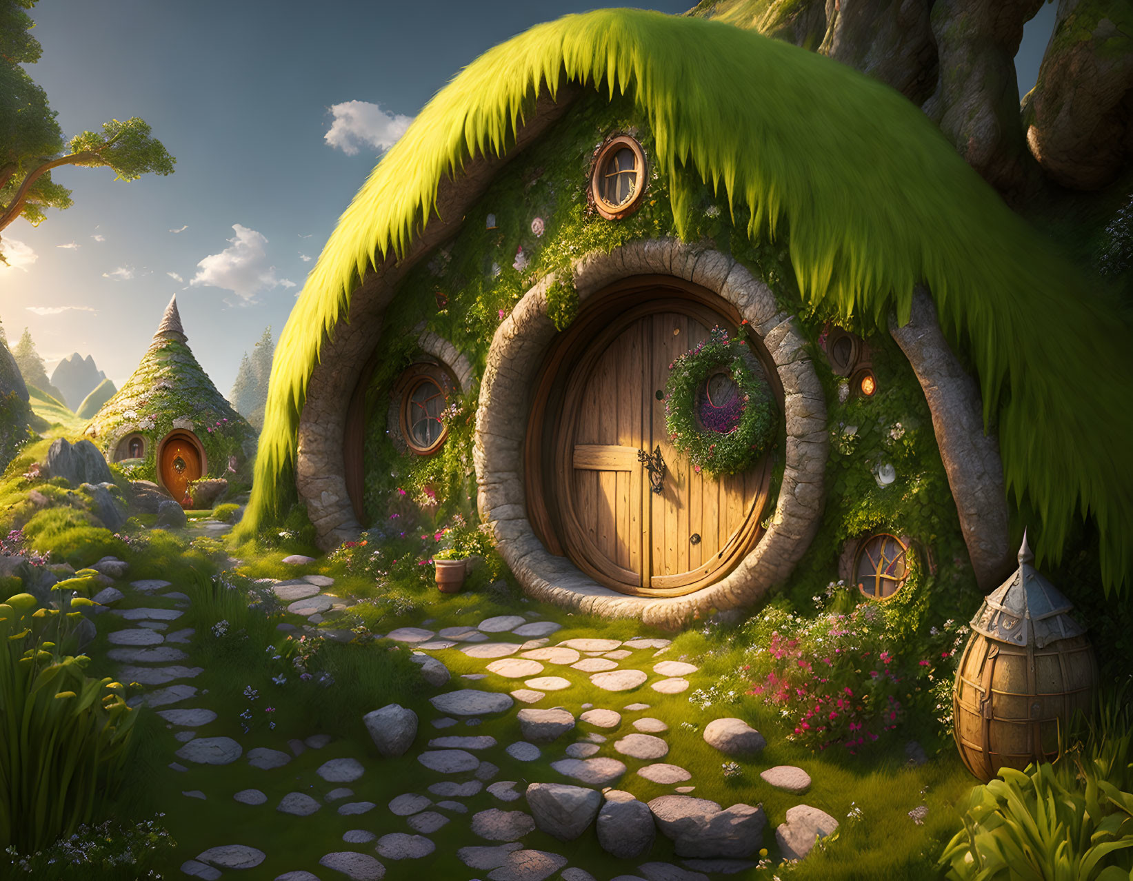 Fantasy hobbit-style house with round door in lush green landscape