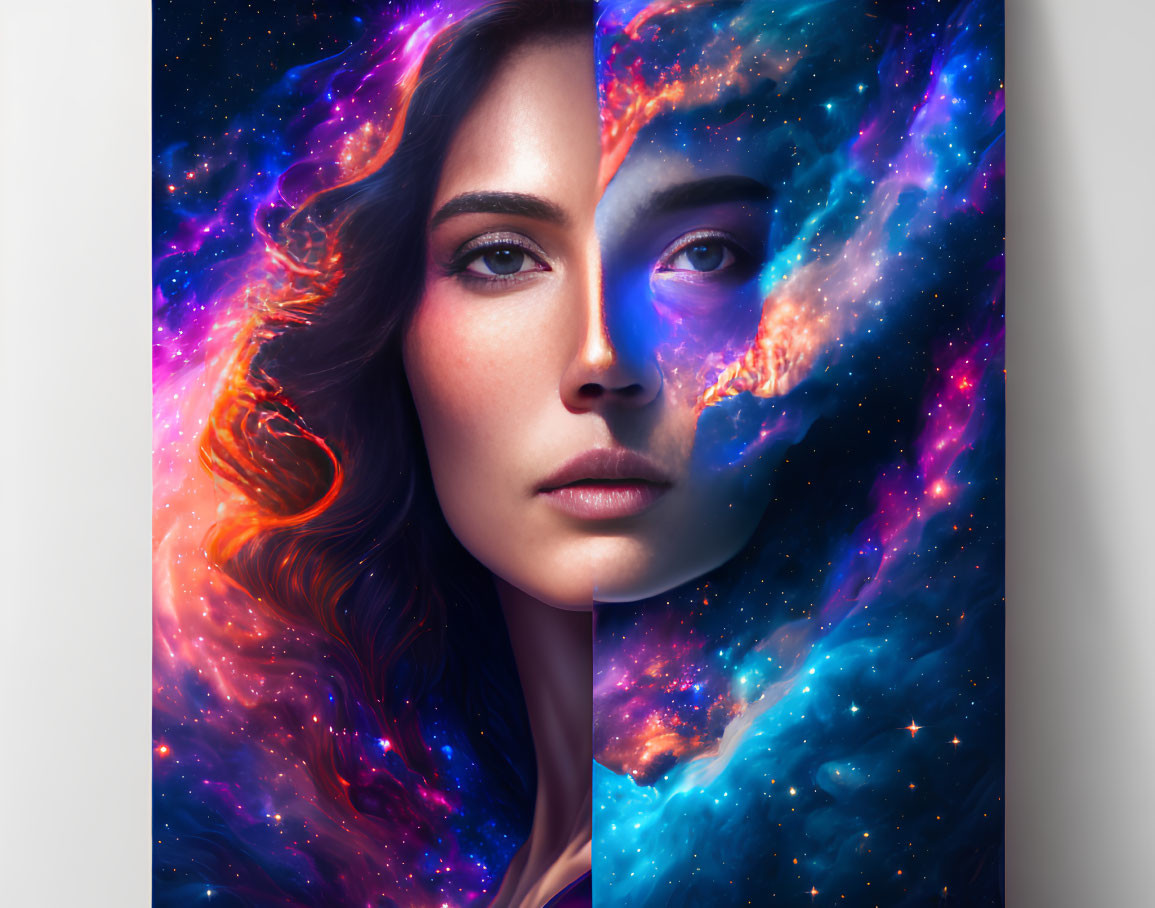 Surreal portrait blending woman's face with cosmic colors