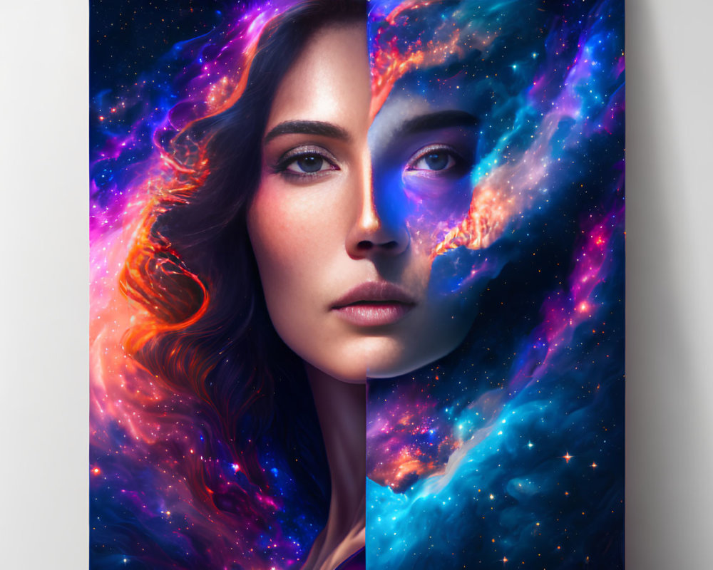 Surreal portrait blending woman's face with cosmic colors