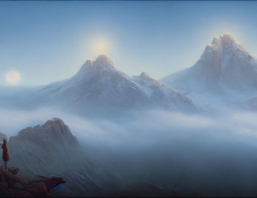 Person in red gazes at mist-covered mountains from cliff