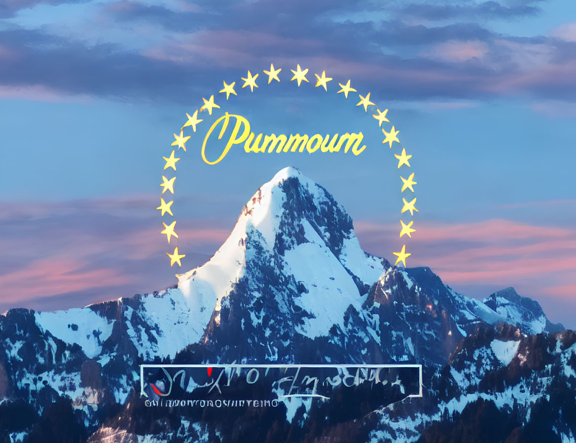 Sunset Snow-Capped Mountain Peak with Graphical Overlays and Text