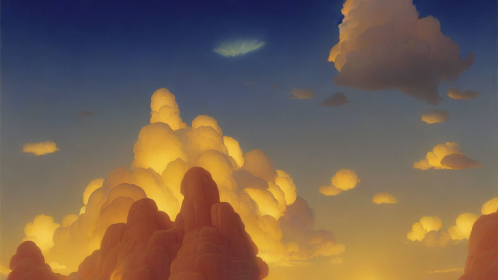 Vivid sunset painting with towering clouds and mysterious light