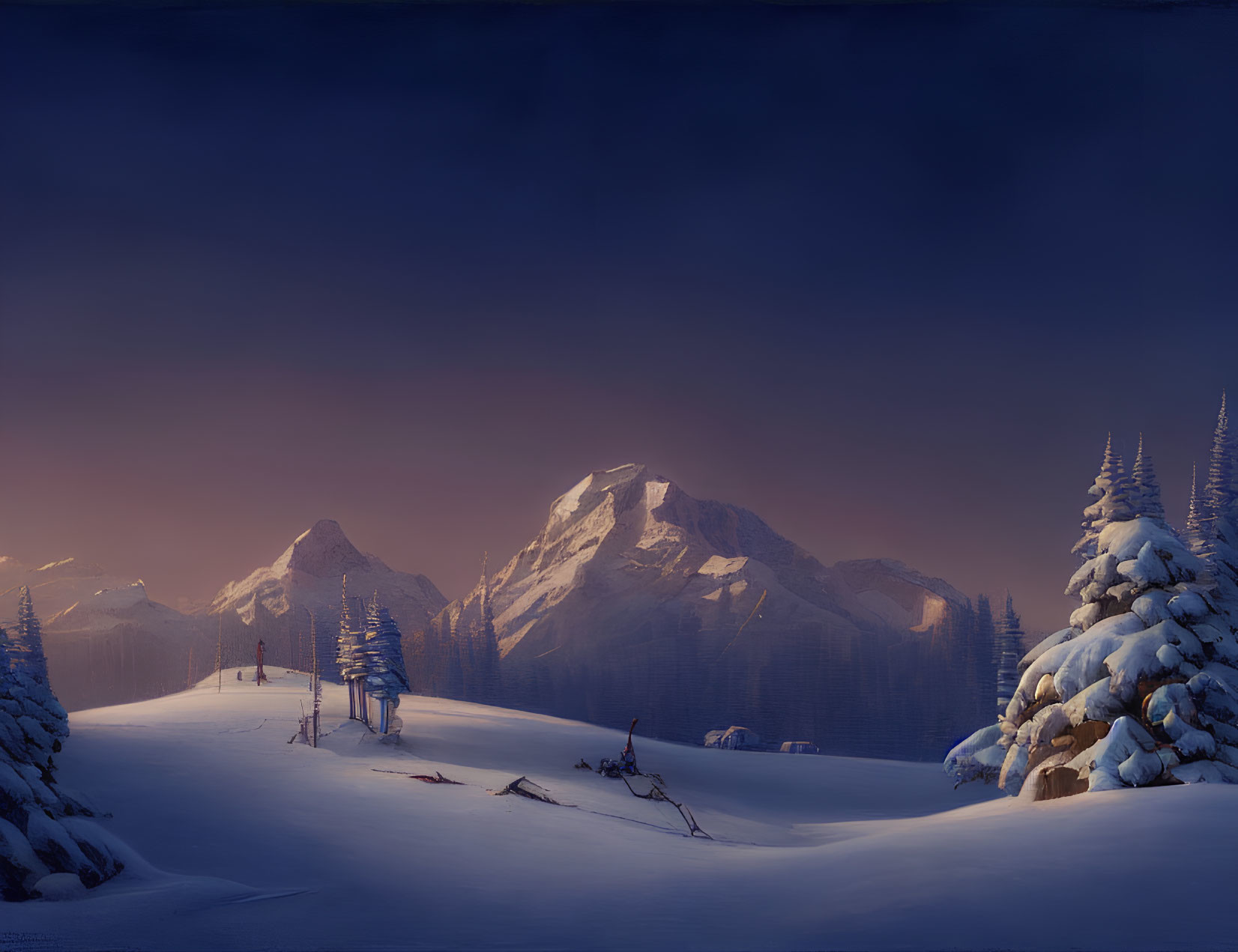 Snowy Alpine Scene: Skiers on Slope at Dusk, Mountains and Trees in Twilight