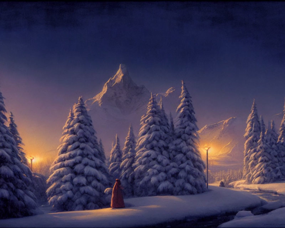 Solitary Figure in Red Cloak Amidst Snow-Covered Pines at Moonlit Mountain