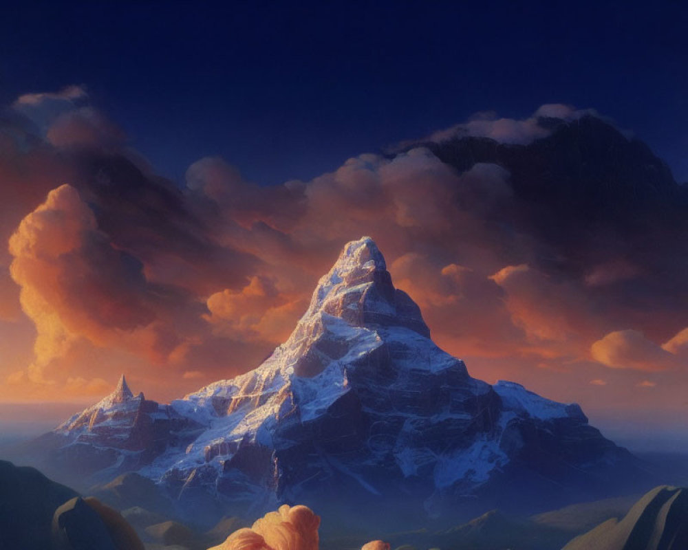 Snow-capped mountain peak at sunset with orange and blue clouds