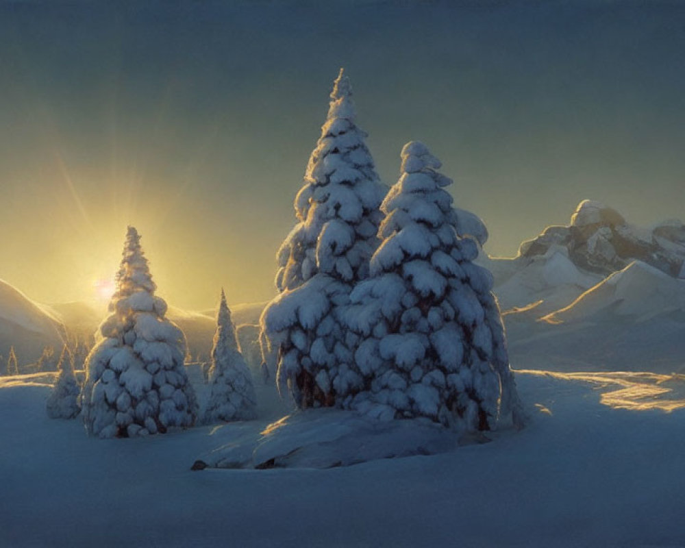 Winter Landscape: Sunlit Snowy Pines & Mountains