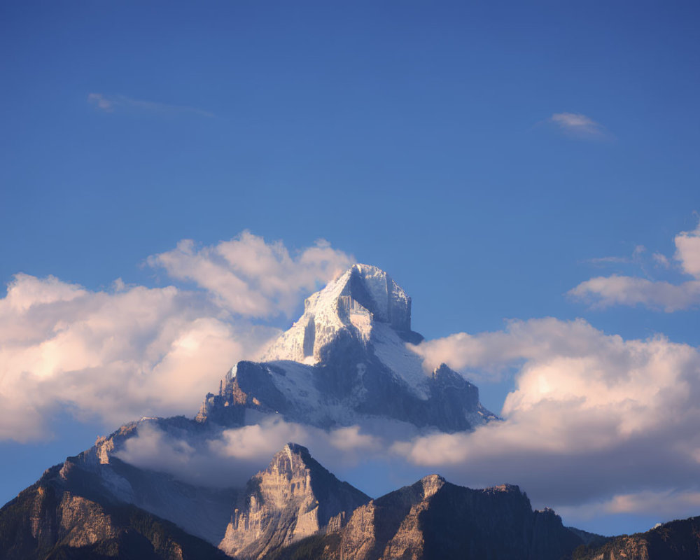 Majestic snow-capped mountain peak under blue sky and sunlight