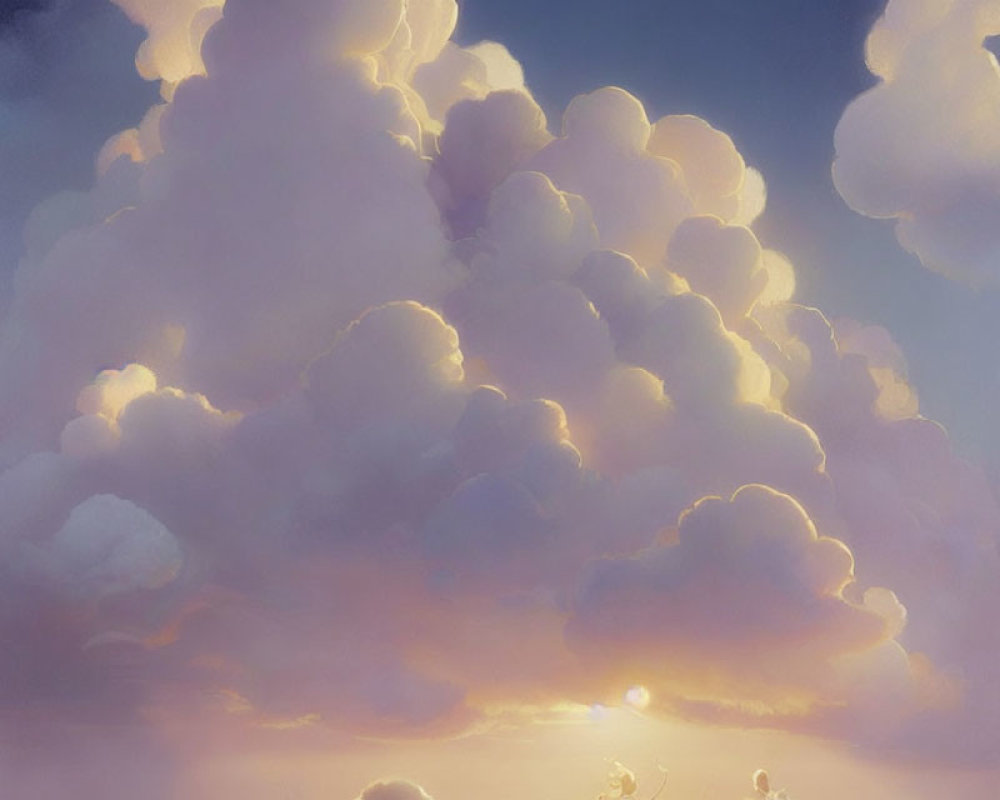 Pastel-colored sky with fluffy clouds and gentle sunset glow