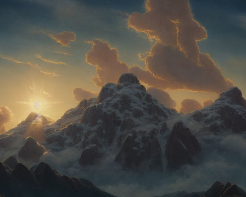 Golden sunrise over snow-capped mountains and misty peaks