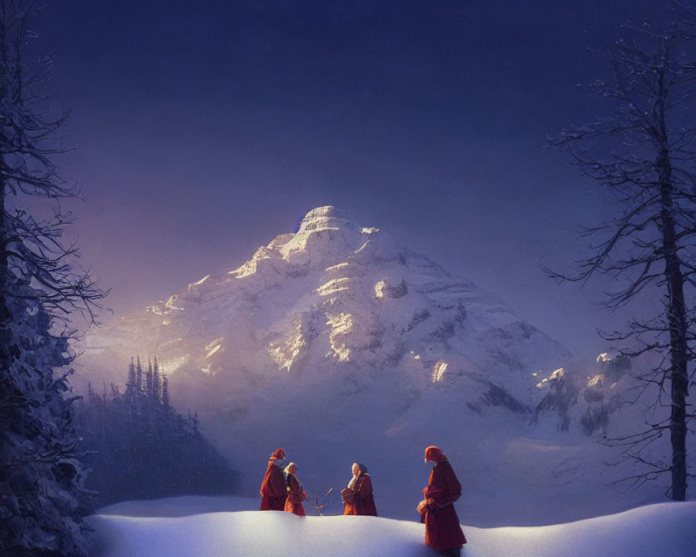 Three robed figures in snowy terrain with looming snow-covered mountain.