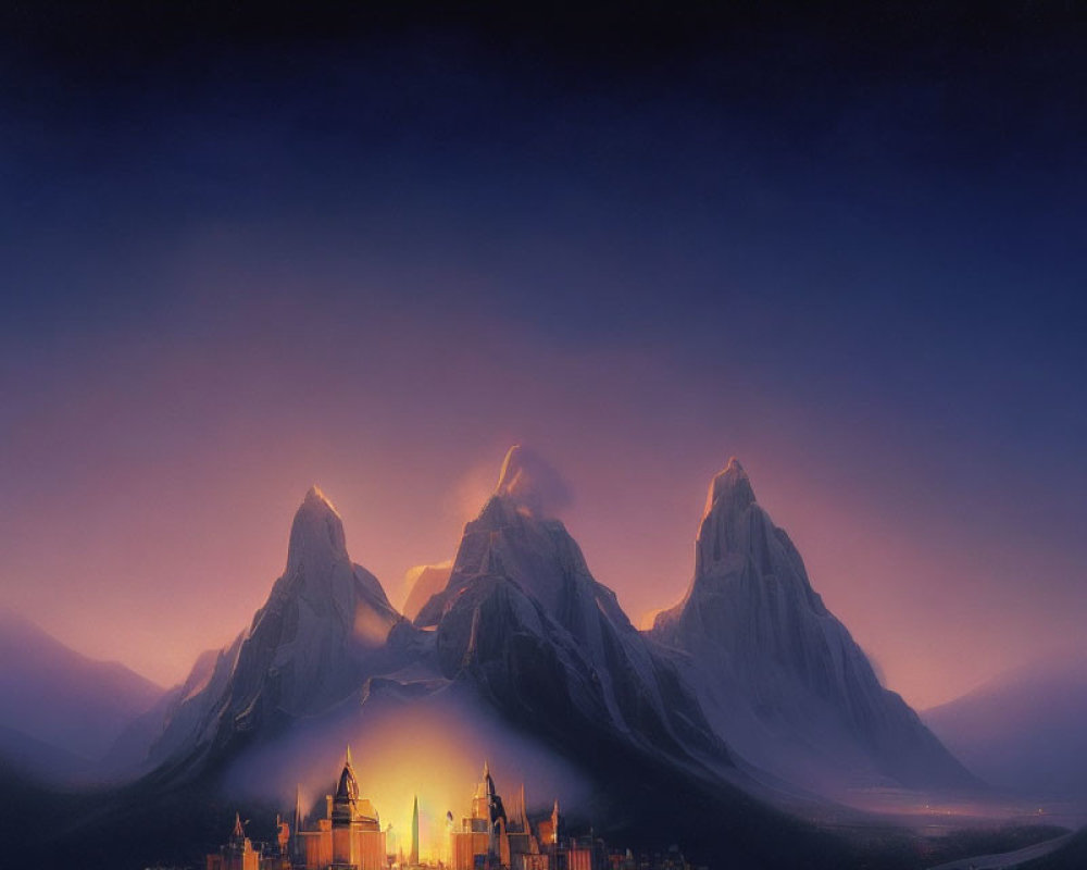 Fantasy landscape with glowing castle, misty mountains, twilight sky