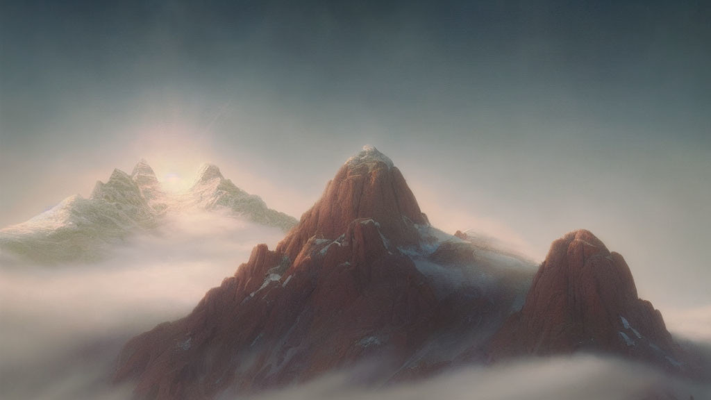 Snow-capped misty mountain peaks above swirling clouds