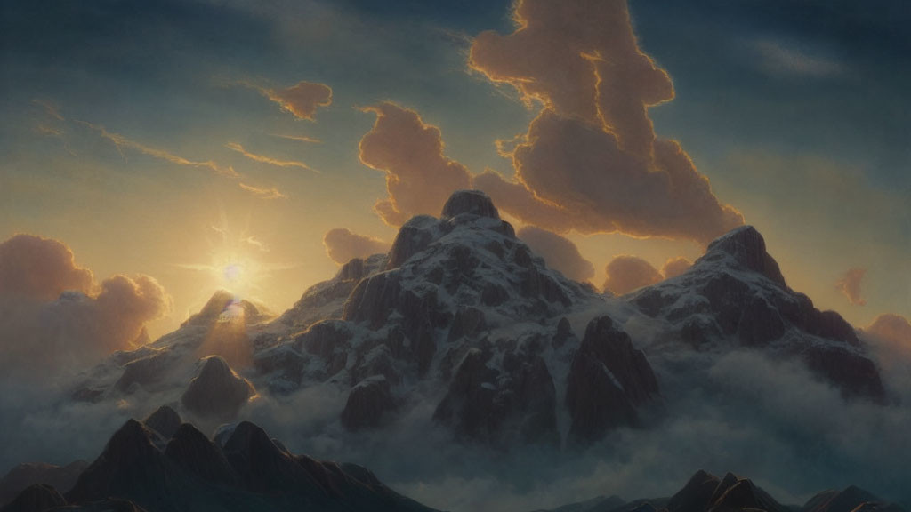 Golden sunrise over snow-capped mountains and misty peaks