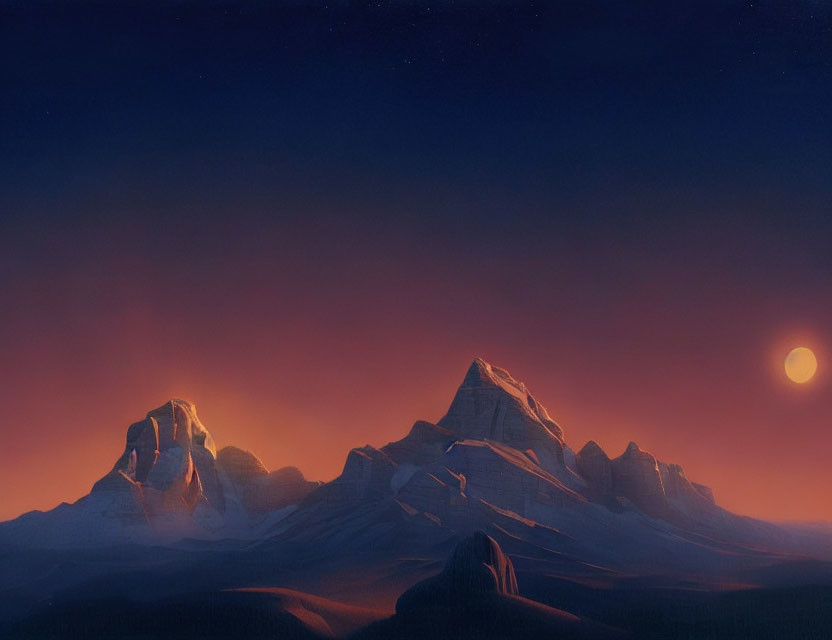 Snow-capped mountains in serene dusk landscape