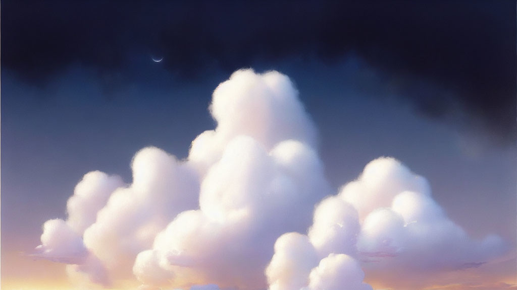 Sunlit Cumulus Cloud in Twilight Sky with Crescent Moon