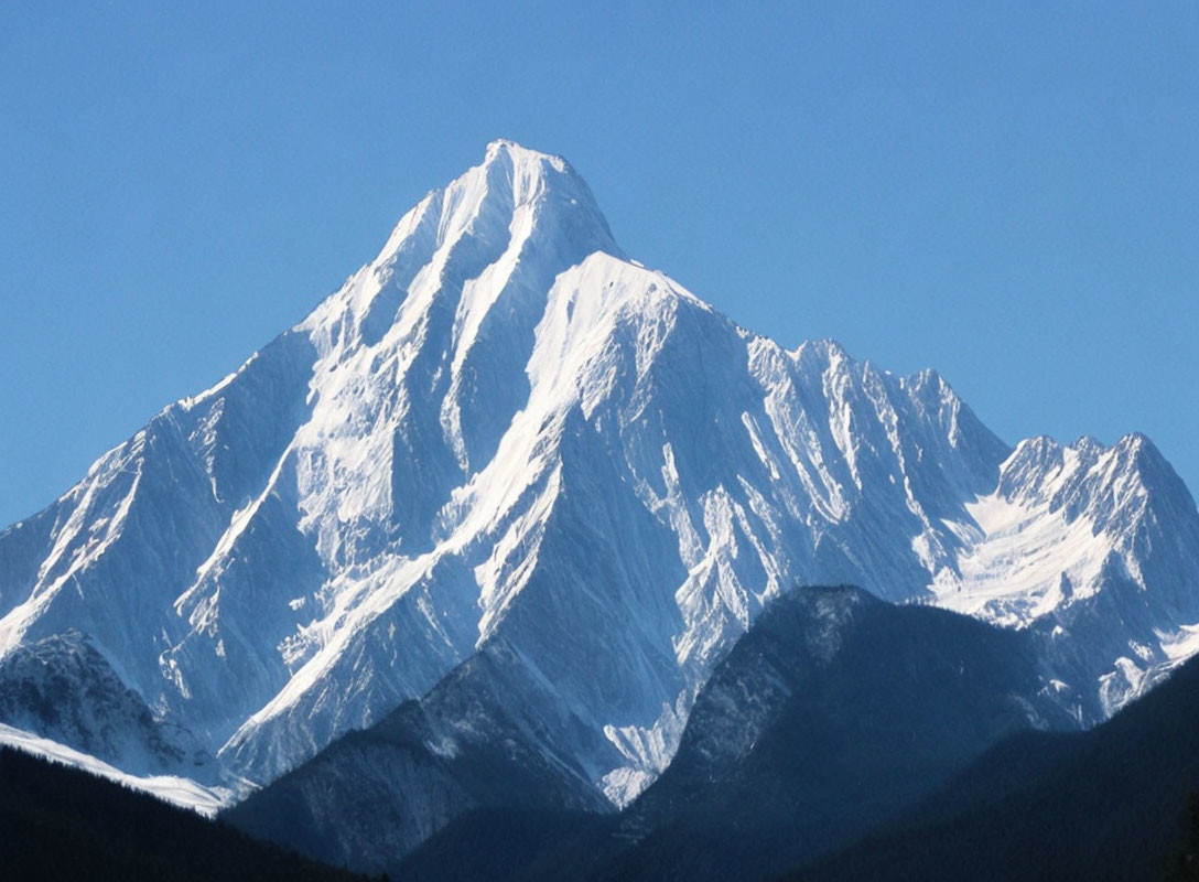 Snow-capped mountain peak towering over dense forests under clear blue sky