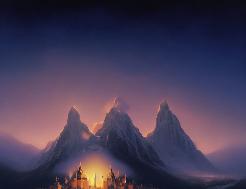 Fantasy landscape with glowing castle, misty mountains, twilight sky
