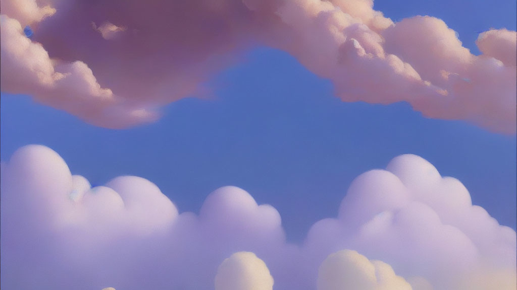 White fluffy clouds in serene blue sky with pink edges