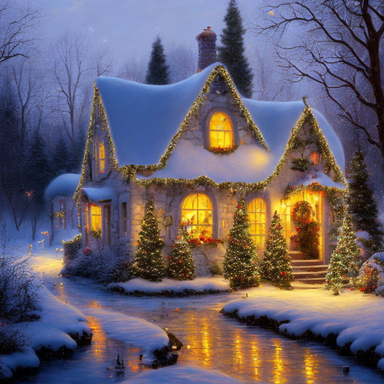 Snow-covered Christmas cottage in serene winter evening scene