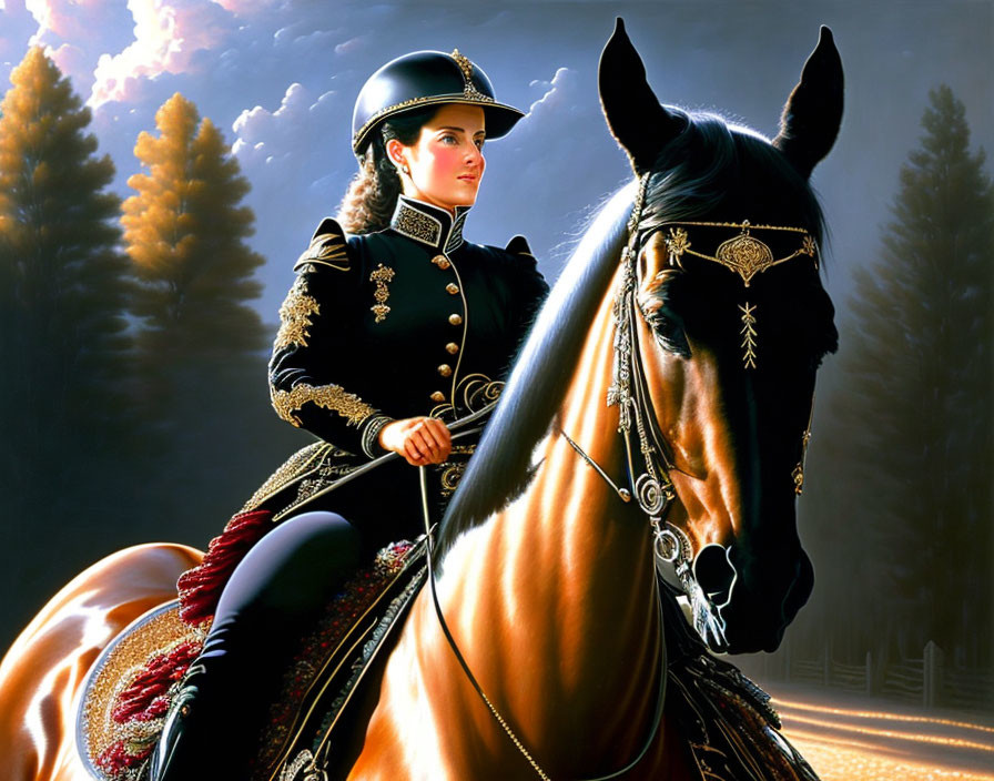 Decorated person on brown horse in black uniform against autumn forest.
